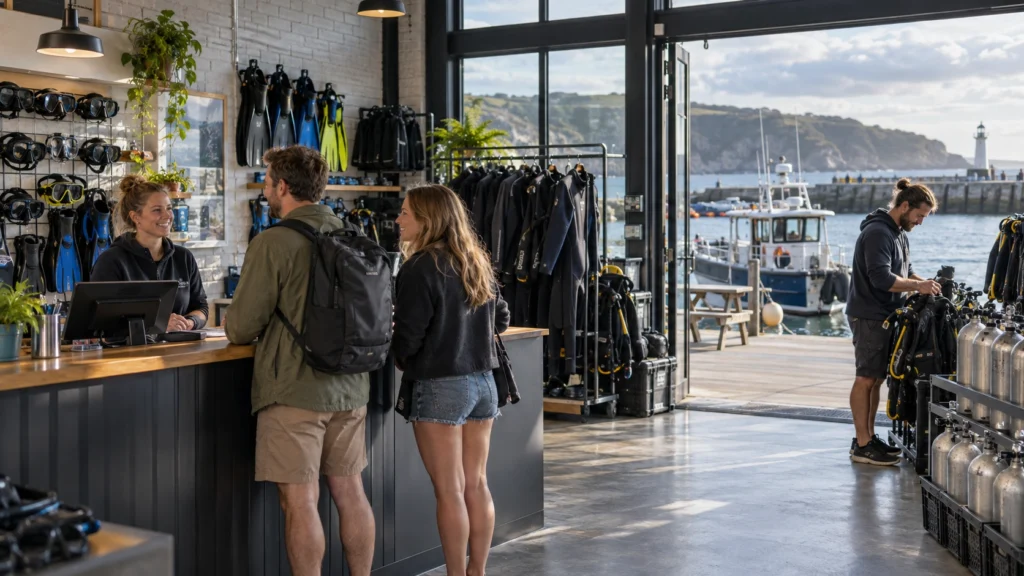 Are Dive Shops Profitable? Costs, Revenue and Margins Explained Customers at a coastal dive shop reception while a staff member prepares scuba equipment beside the harbour.